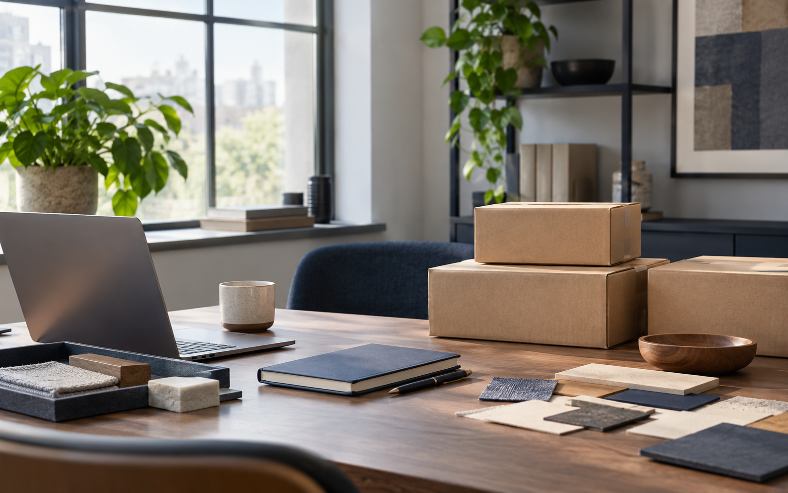 Unbranded products and shipping materials in a modern business workspace